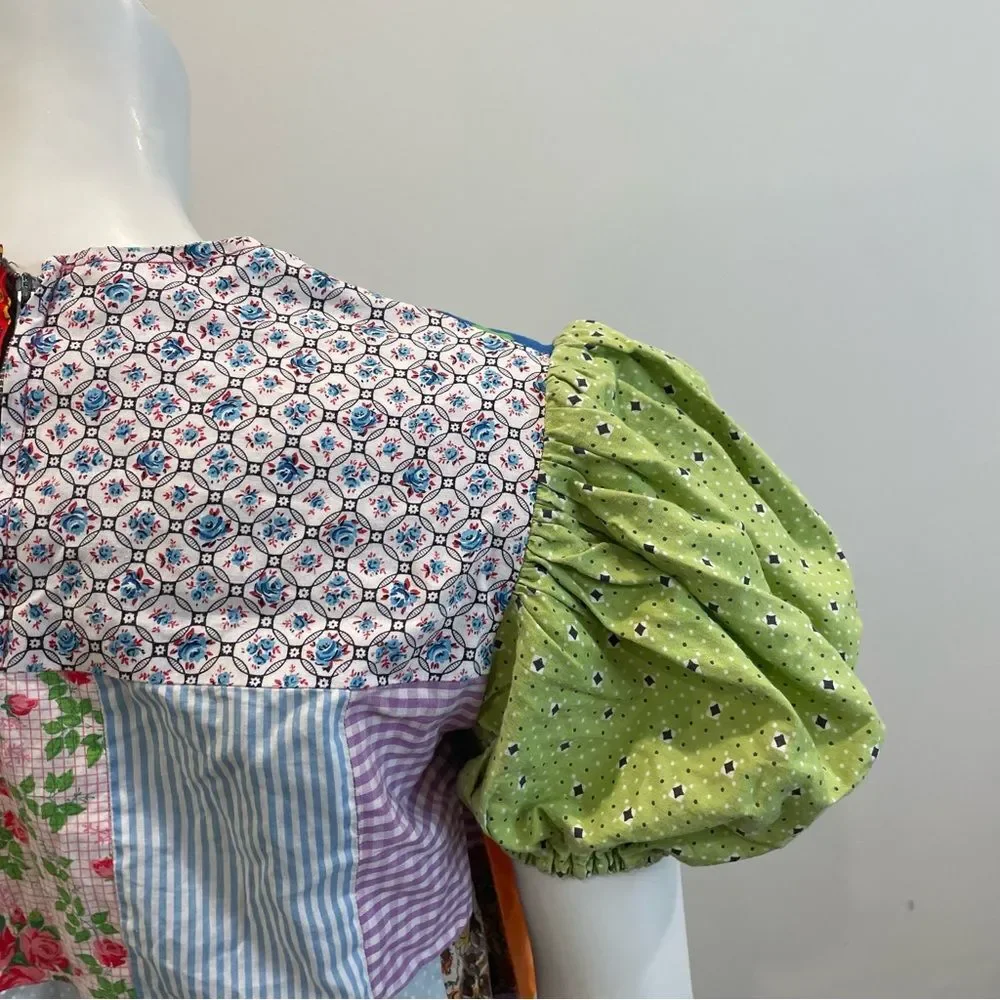 VINTAGE Floral Printed Cotton Patchwork Puff Sleeve Mini Dress - Picture 4 of 10